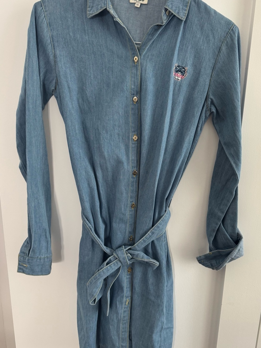 Kenzo Light Blue Denim Shirt Dress with Tie Waist and Embroidered Tiger